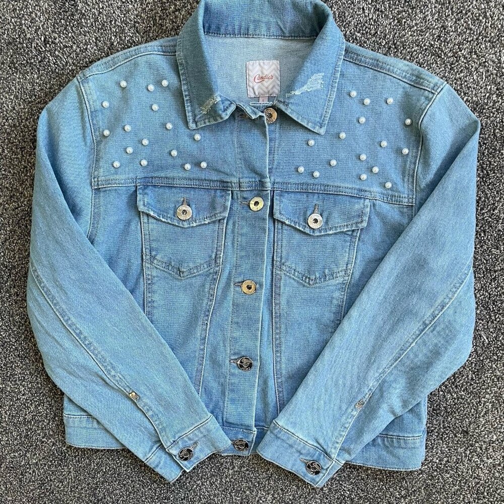 Candie’s Y2K Women’s Small Light Blue Denim Jean Jacket Pearls Embellished